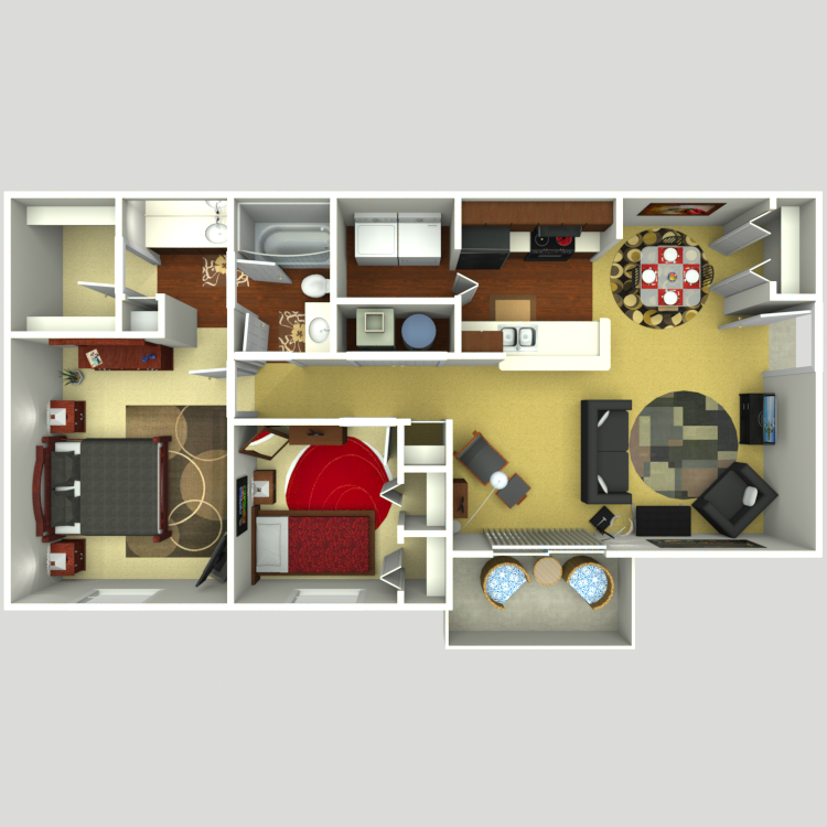 Floor plan for 2 beds, 1 bath, 872 sqft
